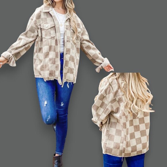 ANDTHEWHY Women's Sz XL Checkered Corduroy Raw Hem Shacket Jacket - Picture 1 of 7